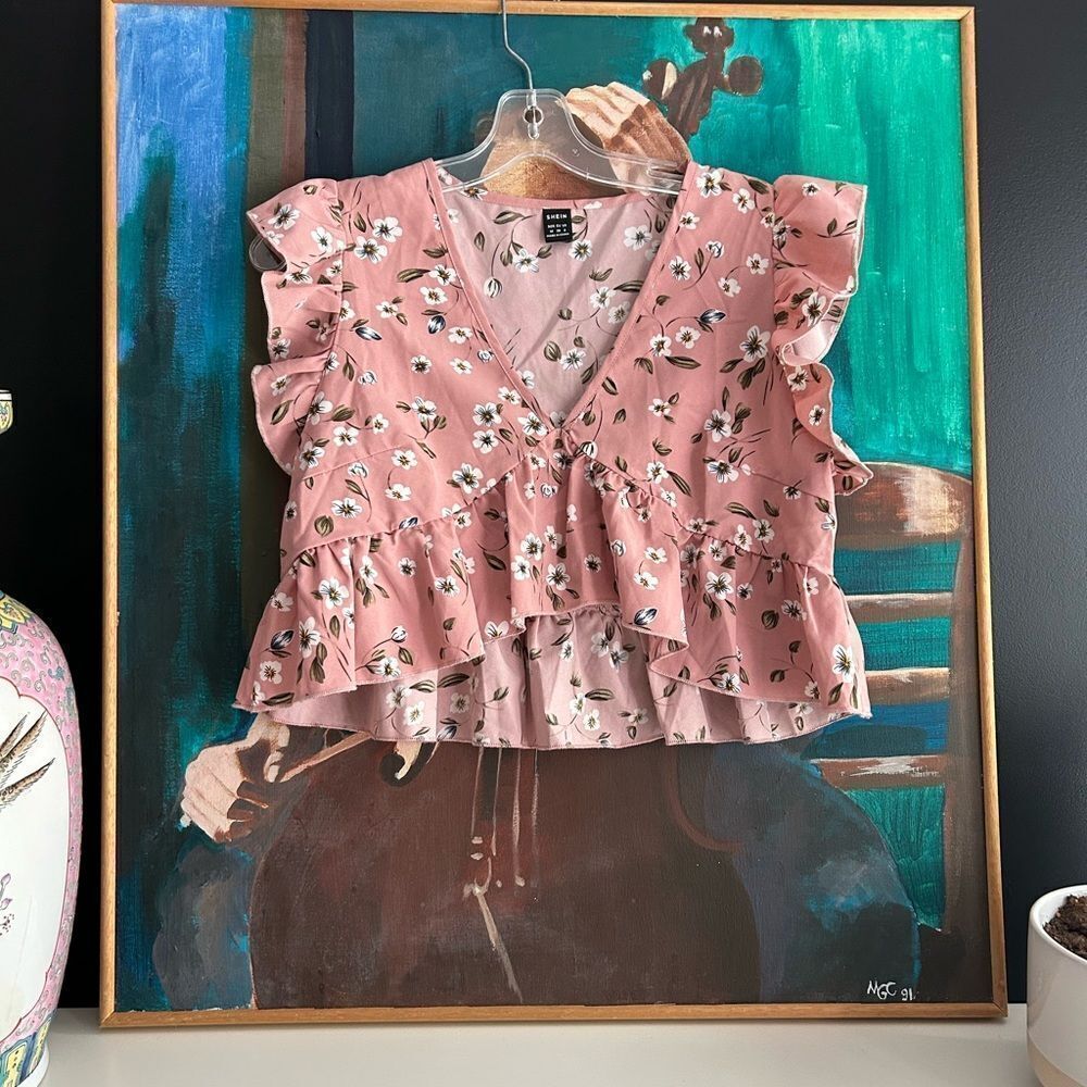 SHEIN Pink Floral Ruffle Cropped Blouse | Size M | Fairycore Boho Cottagecore